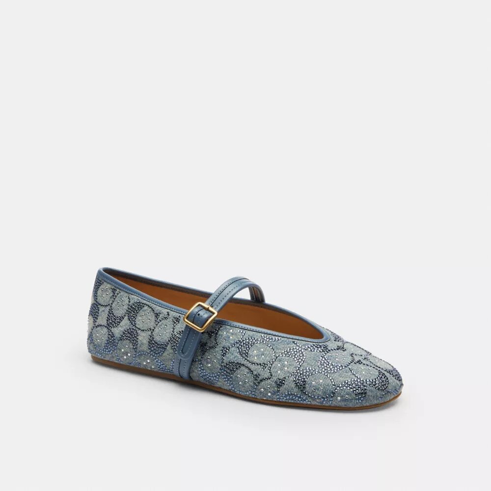 Buty Mary Jane z charakterystycznego dżinsu z kryształkami