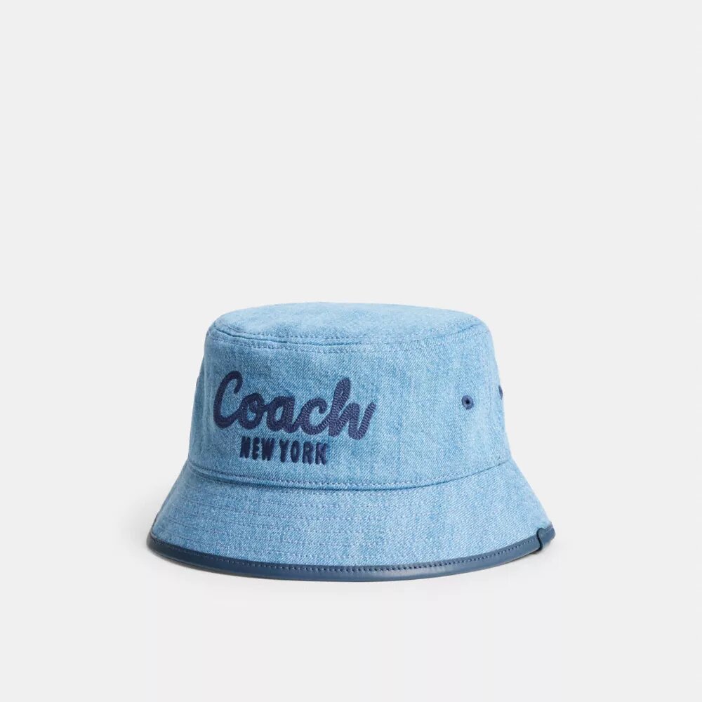 Kapelusz typu bucket z dżinsu z haftowanym napisem „Coach Script”