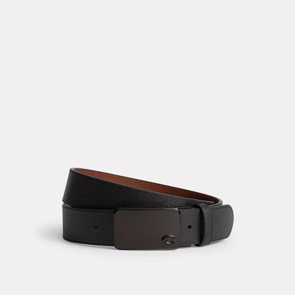 Pas dwustronny z charakterystyczną klamrą z tabliczką, przycinany na wymiar, 38 mm