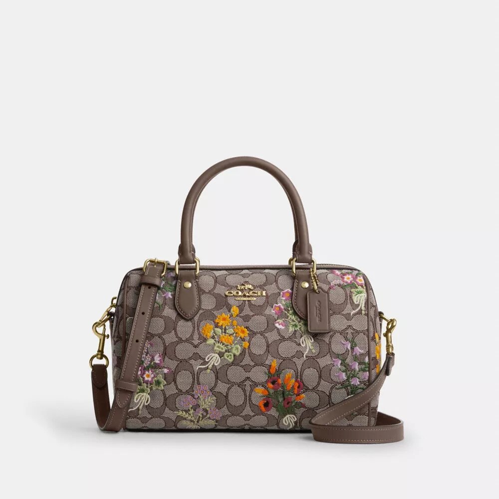 Torba typu satchel „Rowan” z charakterystycznego żakardu z haftem kwiatowym
