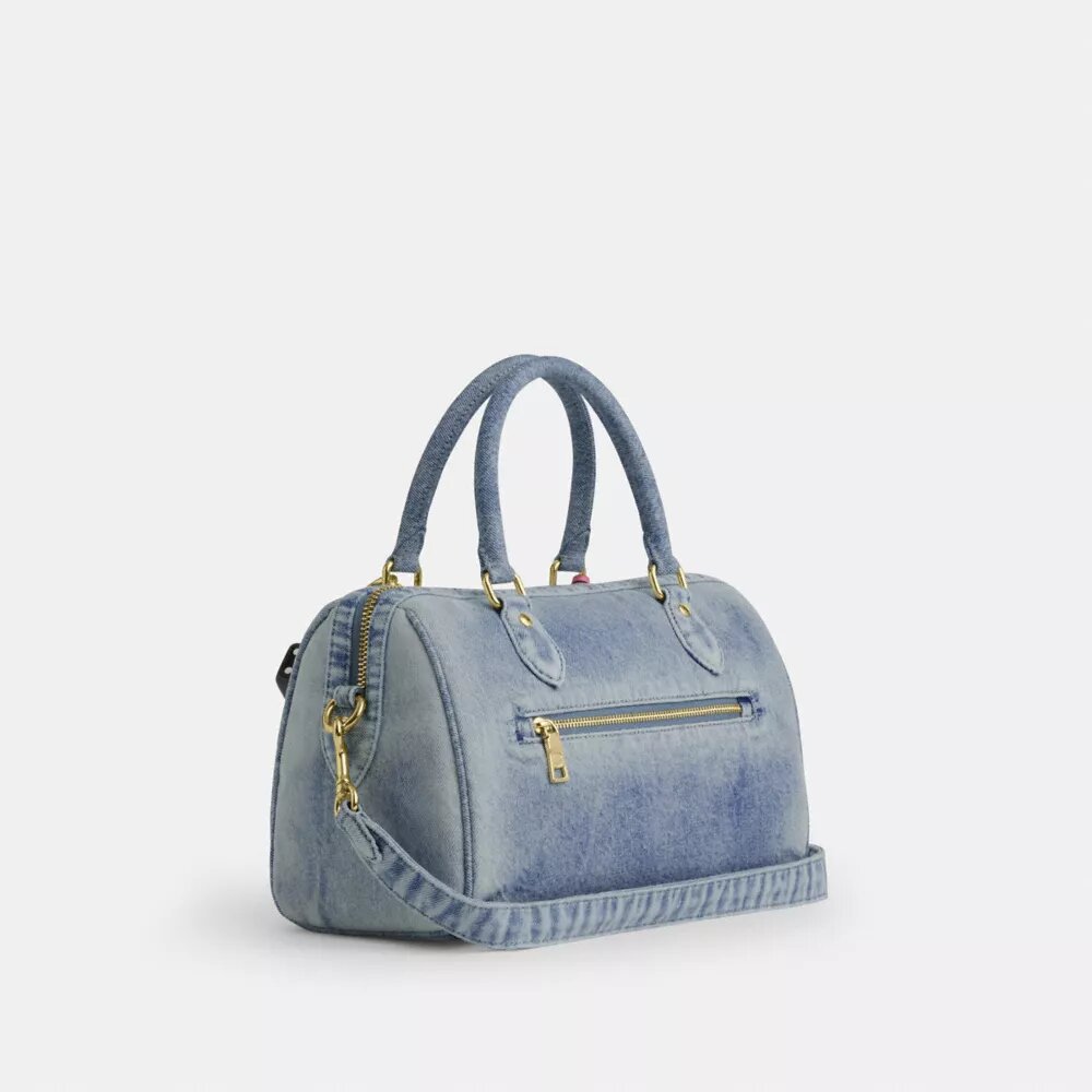Torba typu satchel Rowan z postarzanego dżinsu z zawieszkami