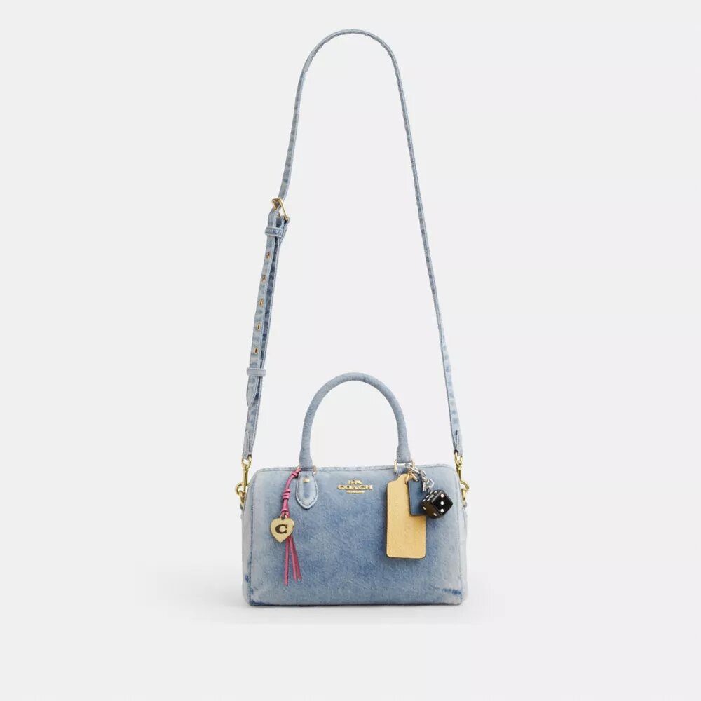 Torba typu satchel Rowan z postarzanego dżinsu z zawieszkami