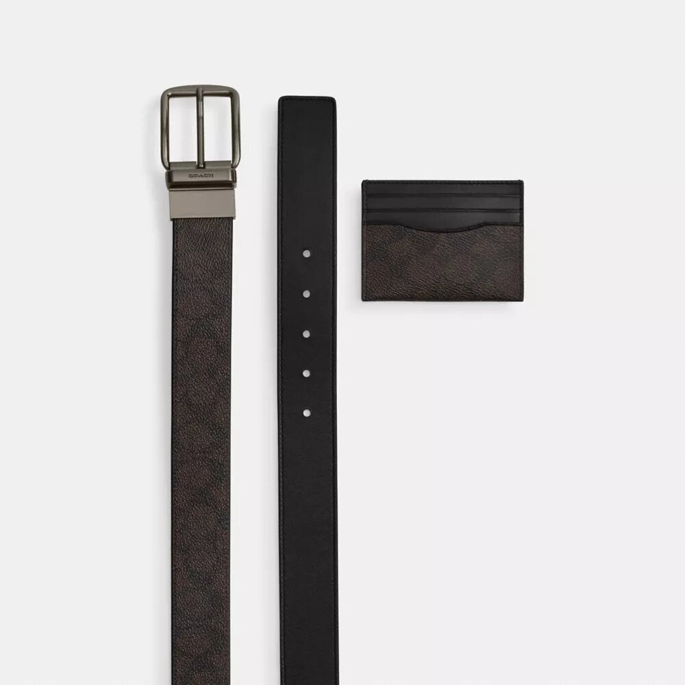 Zestaw składający się z etui na karty i paska w Signature Canvas