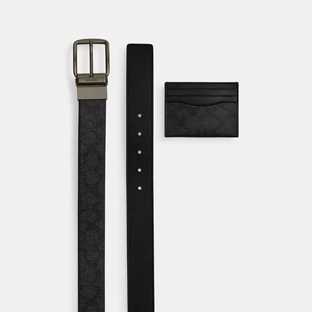Zestaw składający się z etui na karty i paska w Signature Canvas